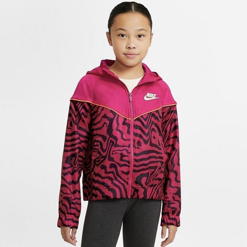 Nike Youth Chevron Print Hot Pink Windbreaker Running Zip Up Hooded Jacket